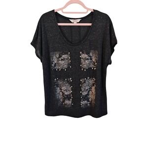 Decree‎ Womens XL Embellished Top Gray Floral Sequin Short Sleeve Blouse